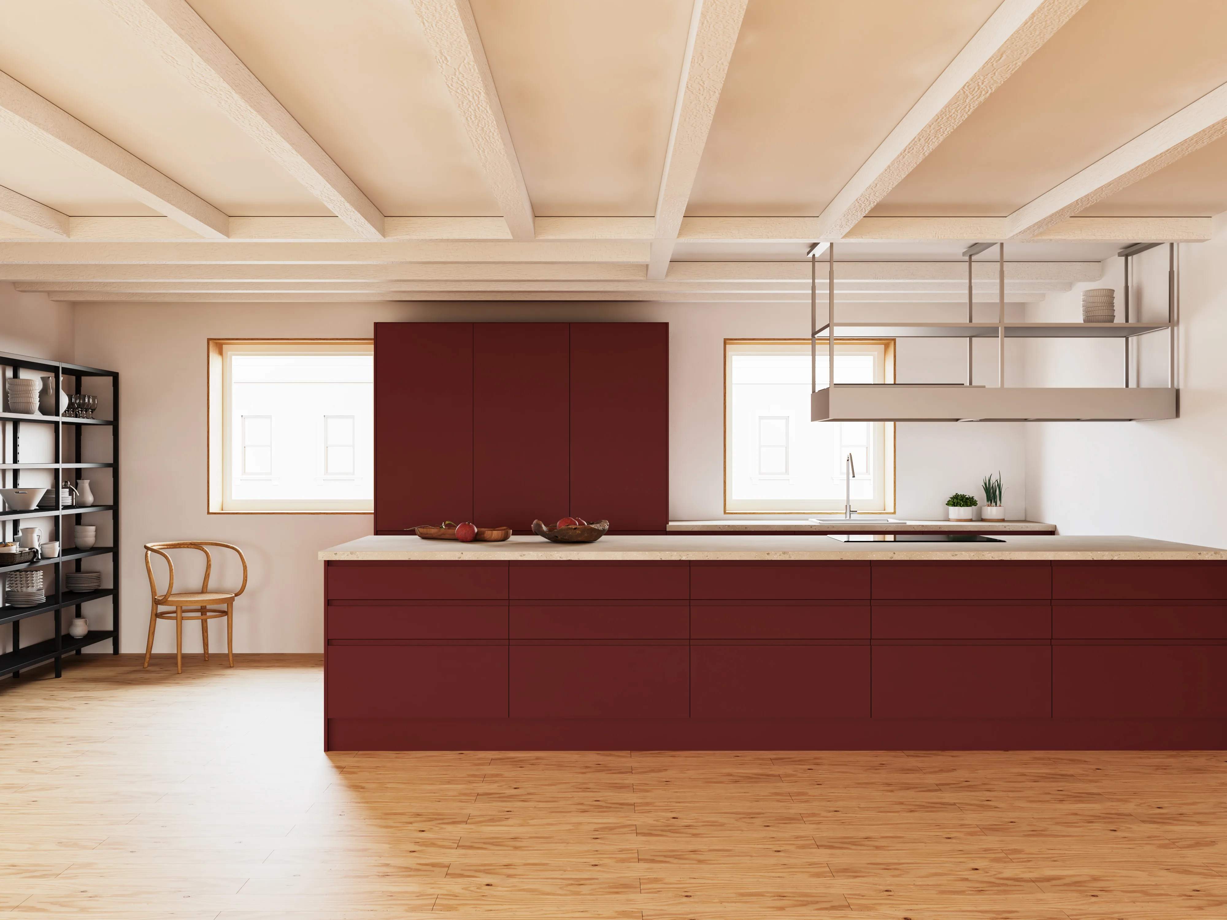 Cocina color vino con isla central
